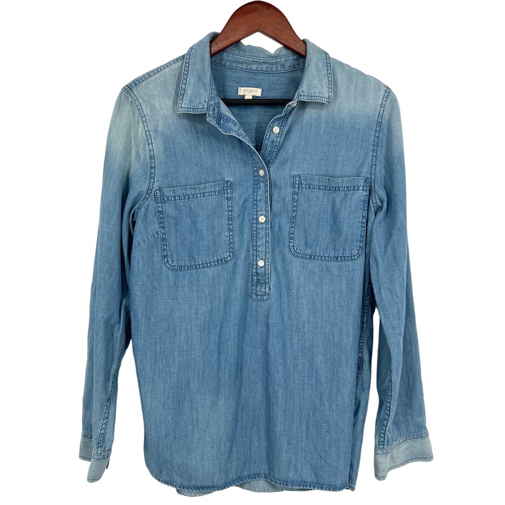 Talbots Womens Size Medium Denim Blue Jean Button Down Blouse Shirt Top Fall